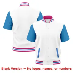 Powder Blue Pink White Full-Snap Short Sleeve Varsity Jacket 7