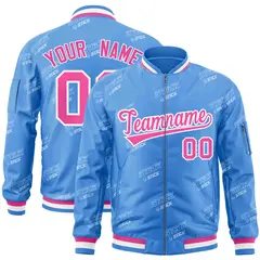 Powder Blue Pink-White Full-Zip Varsity Letter Bomber Jacket