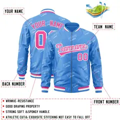 Powder Blue Pink-White Full-Zip Varsity Letter Bomber Jacket 2