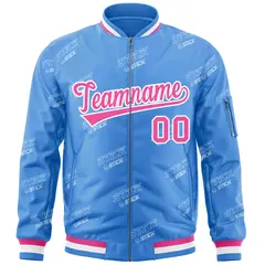 Powder Blue Pink-White Full-Zip Varsity Letter Bomber Jacket 3