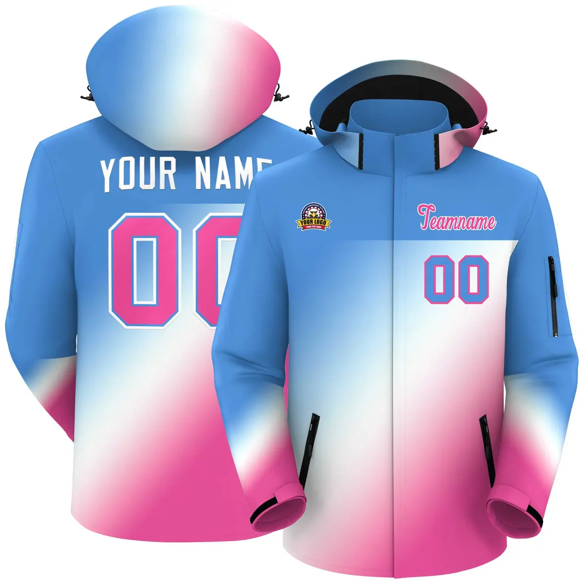 Powder Blue Pink-White Gradient Hooded Waterproof Jacket