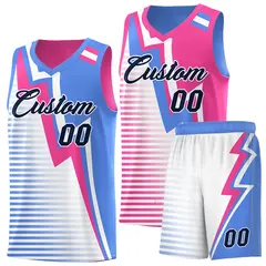 Powder Blue Pink White Gradient Lightning Stripes Reversible Basketball Jersey