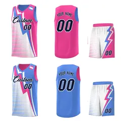 Powder Blue Pink White Gradient Lightning Stripes Reversible Basketball Jersey 2
