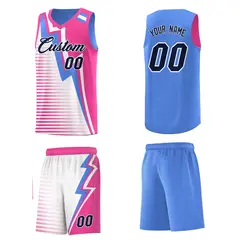 Powder Blue Pink White Gradient Lightning Stripes Reversible Basketball Jersey 5