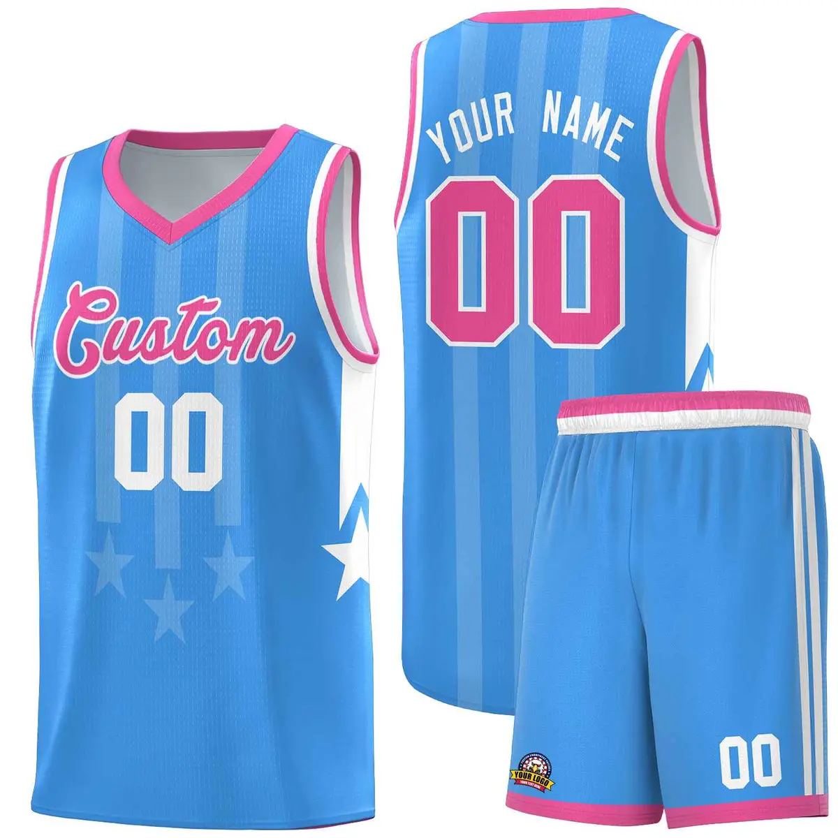 Powder Blue Pink White Gradient Star Graffiti Basketball Jersey