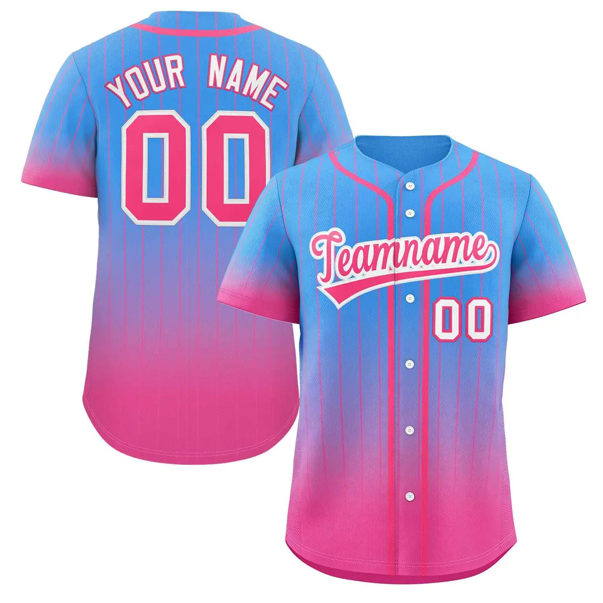 Powder Blue Pink-White Gradient Stripe Baseball Jersey