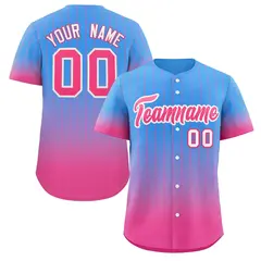 Powder Blue Pink-White Gradient Stripe Baseball Jersey