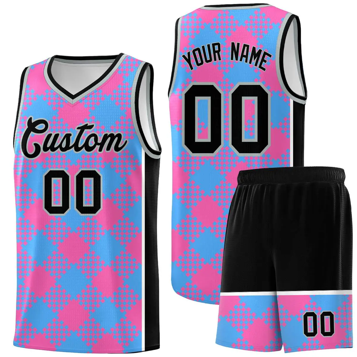 Powder Blue Pink-White Grid Basketball Kits For Team