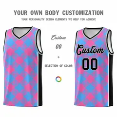 Powder Blue Pink-White Grid Basketball Kits For Team 3