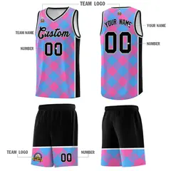 Powder Blue Pink-White Grid Basketball Kits For Team 5