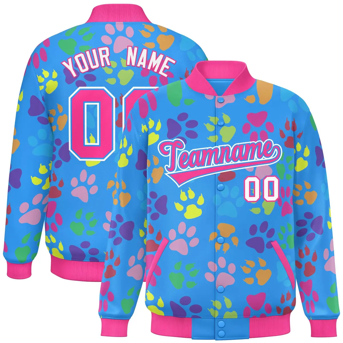 Powder Blue Pink-White Paw Prints Graffiti Varsity Letterman Baseball Jacket