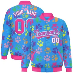 Powder Blue Pink-White Paw Prints Graffiti Varsity Letterman Baseball Jacket