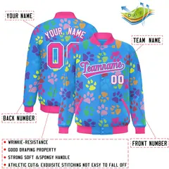Powder Blue Pink-White Paw Prints Graffiti Varsity Letterman Baseball Jacket 2