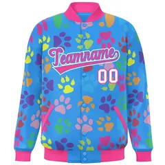 Powder Blue Pink-White Paw Prints Graffiti Varsity Letterman Baseball Jacket 3
