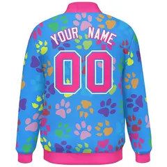 Powder Blue Pink-White Paw Prints Graffiti Varsity Letterman Baseball Jacket 4