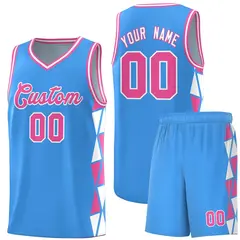 Powder Blue Pink-White Side Triangle Splicing Basketball Jersey