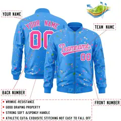 Powder Blue Pink-White Splash Graffiti Varsity Full-Zip Letterman Jacket 2