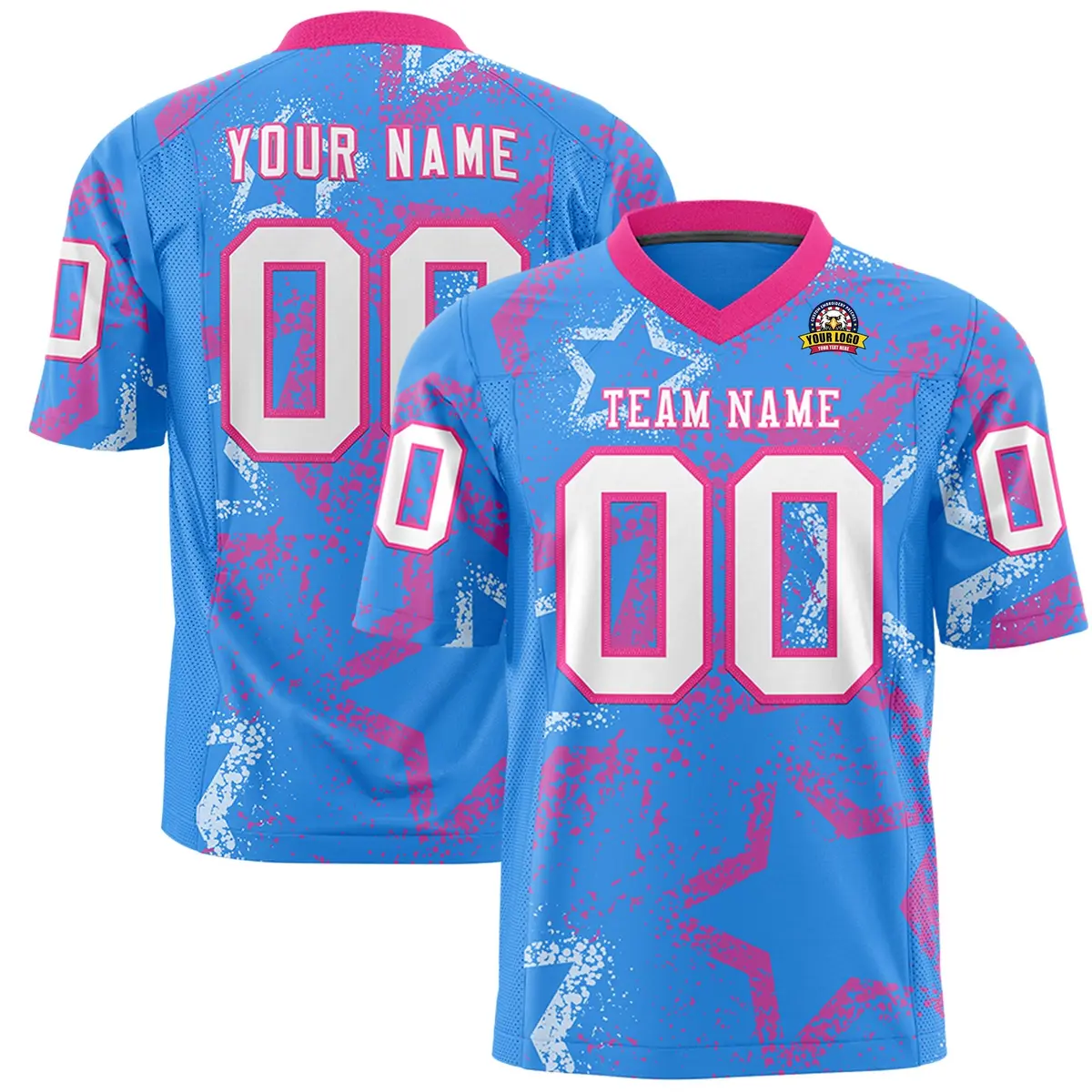 Powder Blue Pink-White Star Graffiti Football Jersey