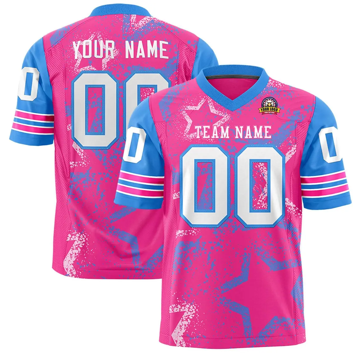 Powder Blue Pink-White Star Pattern Football Jersey