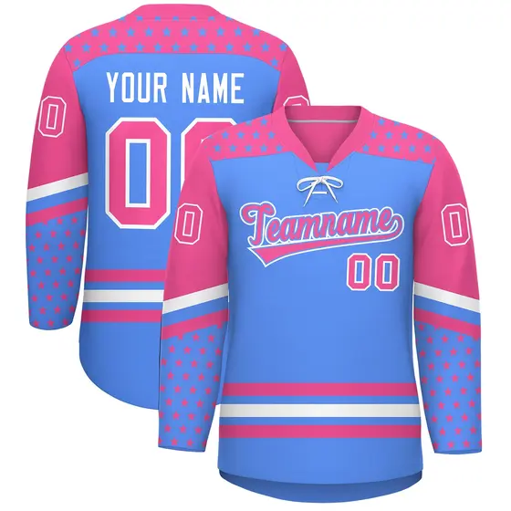 Powder Blue Pink White Star Series Lace-Up Neck Hockey Jersey