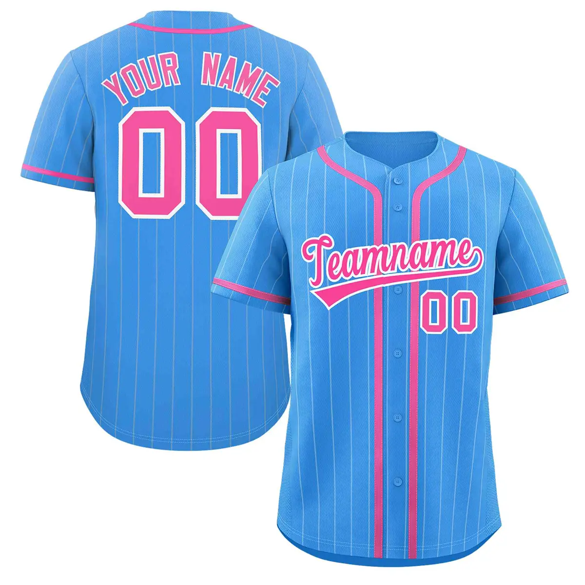 Powder Blue Pink-White Stripe Full Button Baseball Jersey