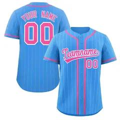 Powder Blue Pink-White Stripe Full Button Baseball Jersey 1