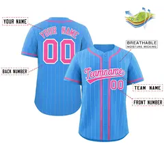 Powder Blue Pink-White Stripe Full Button Baseball Jersey 2