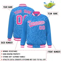 Powder Blue Pink-White Stripe Graffiti Pattern Varsity Full-Snap Jacket 2