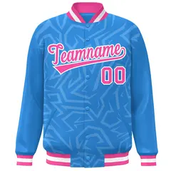 Powder Blue Pink-White Stripe Graffiti Pattern Varsity Full-Snap Jacket 3