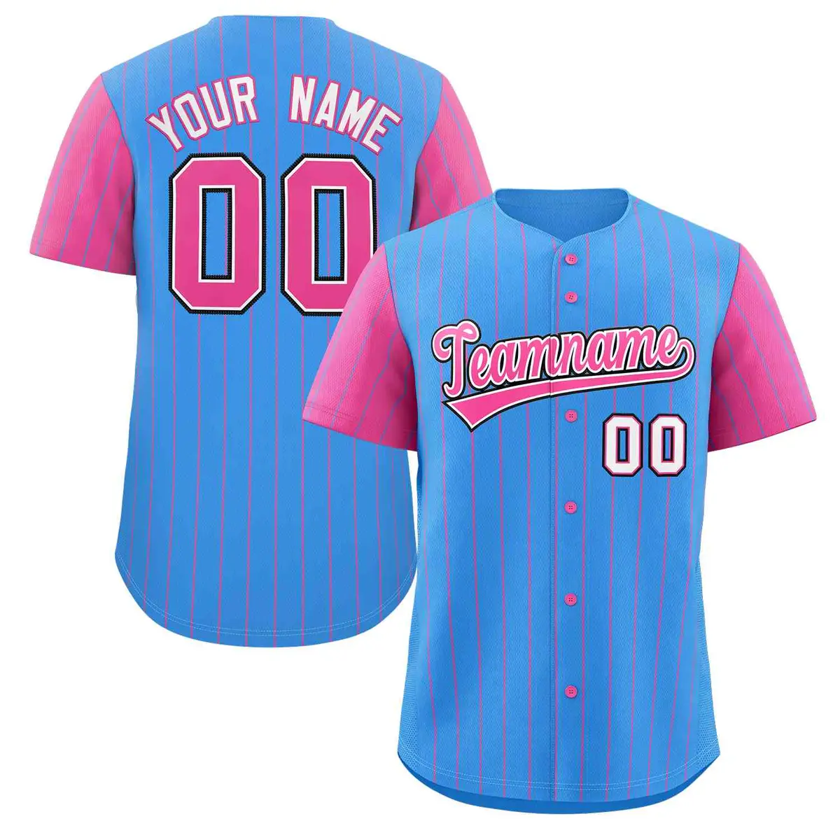 Powder Blue Pink-White Stripe Raglan Baseball Jersey