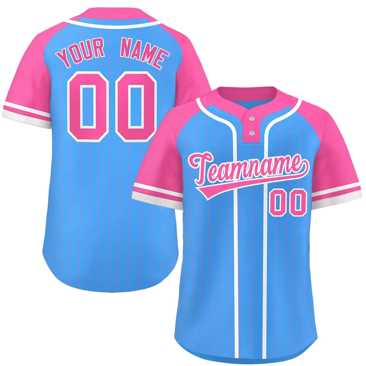 Powder Blue Pink-White Stripe Raglan Two-Button Softball Jersey