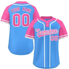 Powder Blue Pink-White Stripe Raglan Two-Button Softball Jersey