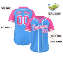 Powder Blue Pink-White Stripe Raglan Two-Button Softball Jersey 2