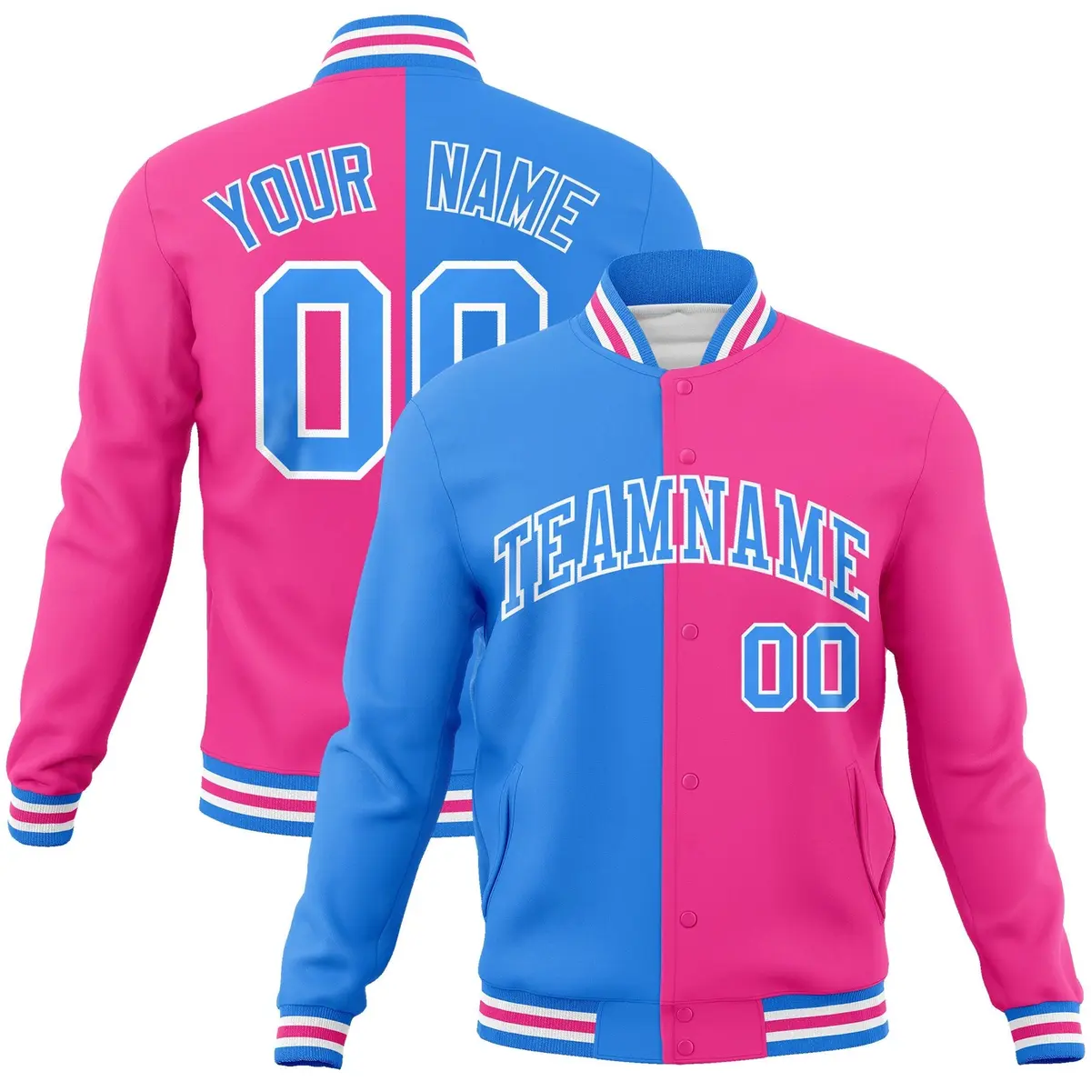 Powder Blue Pink-White Two Tone Split Varsity Full-Snap Letterman Jacket