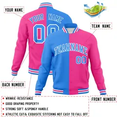 Powder Blue Pink-White Two Tone Split Varsity Full-Snap Letterman Jacket 4