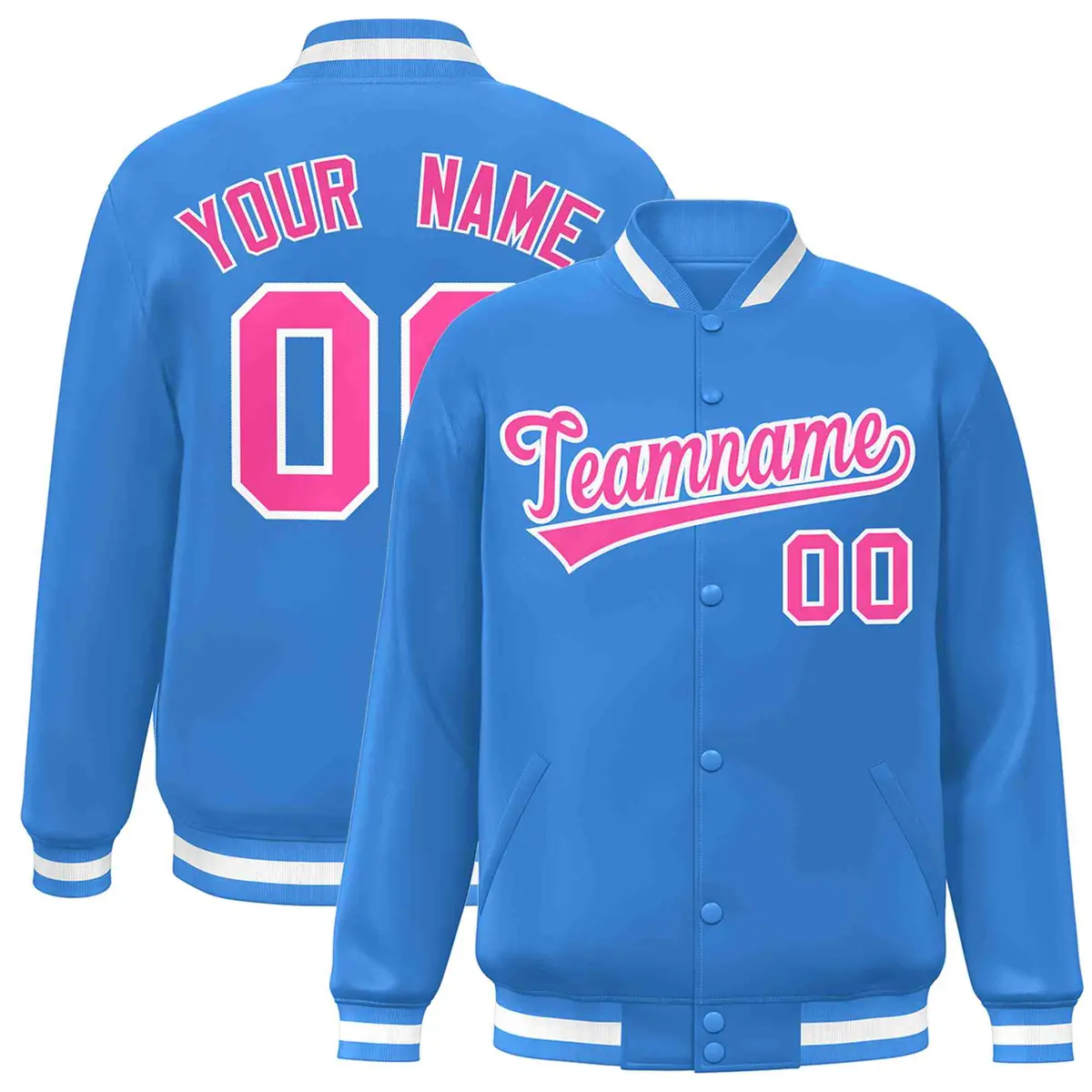 Powder Blue Pink-White Varsity Full-Snap Letterman Jacket