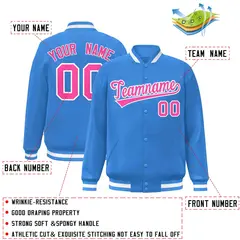 Powder Blue Pink-White Varsity Full-Snap Letterman Jacket 2
