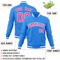 Powder Blue Pink-White Varsity Full-Snap Letterman Jacket 4