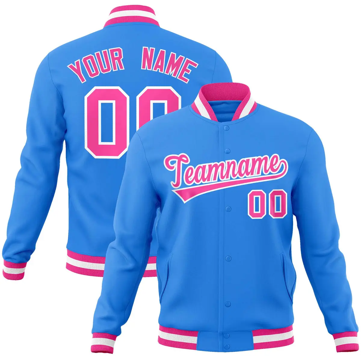 Powder Blue Pink-White Varsity Full-Snap Letterman Jacket