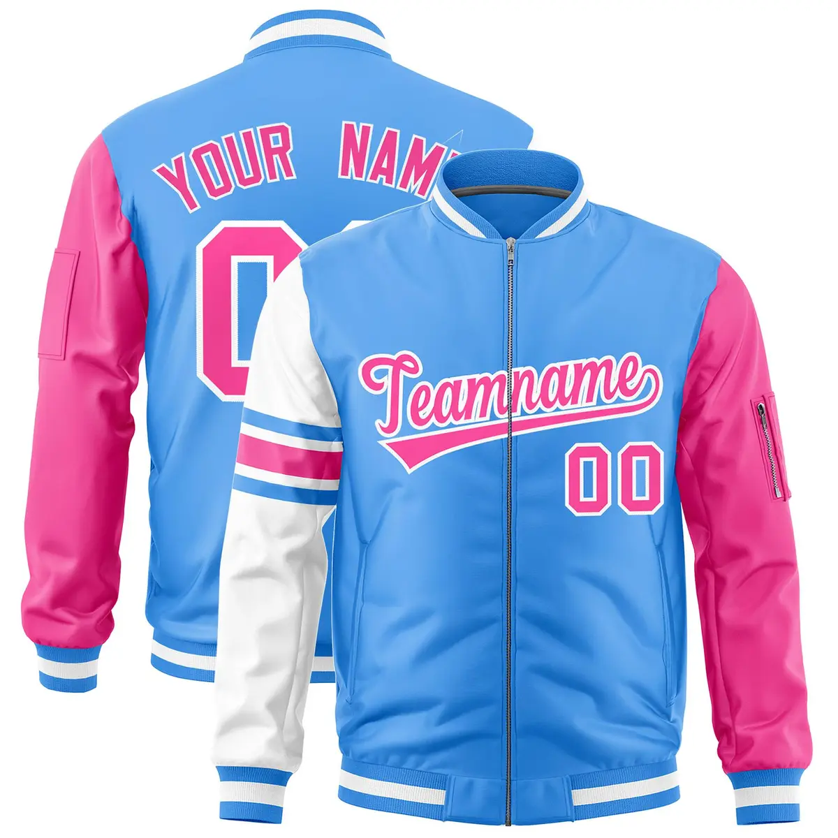 Powder Blue Pink-White Varsity Full-Zip Raglan Stripe Letterman Bomber Jacket
