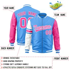 Powder Blue Pink-White Varsity Full-Zip Raglan Stripe Letterman Bomber Jacket 2