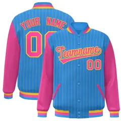 Powder Blue Pink-Yellow Stripe Varsity Bomber Jacket with Raglan Sleeves