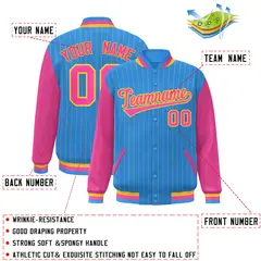 Powder Blue Pink-Yellow Stripe Varsity Bomber Jacket with Raglan Sleeves 2