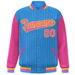Powder Blue Pink-Yellow Stripe Varsity Bomber Jacket with Raglan Sleeves 3