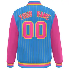 Powder Blue Pink-Yellow Stripe Varsity Bomber Jacket with Raglan Sleeves 4