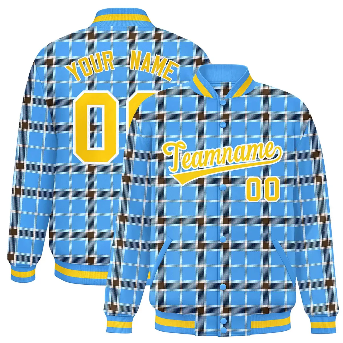 Powder Blue Plaid Varsity Full-Snap Letterman Baseball Jacket
