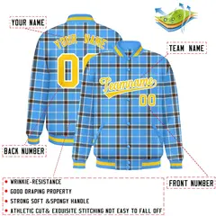 Powder Blue Plaid Varsity Full-Snap Letterman Baseball Jacket 2