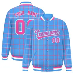 Powder Blue Plaid Varsity Full-Snap Letterman Baseball Jacket 1
