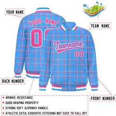 Powder Blue Plaid Varsity Full-Snap Letterman Baseball Jacket 2