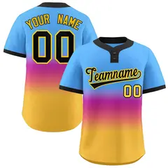 Powder Blue Purple Black-Gold Gradient Two-Button Softball Jersey